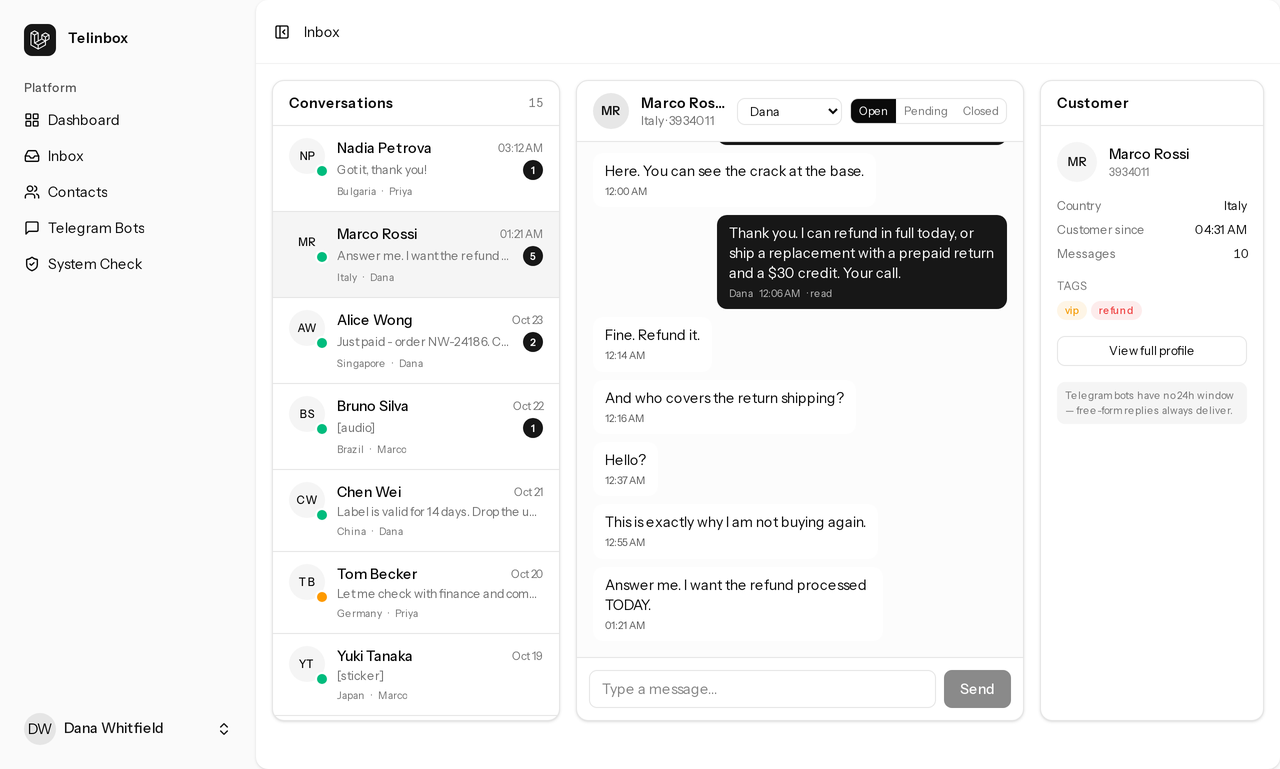 Telinbox shared inbox with an angry customer thread, assignment and tags